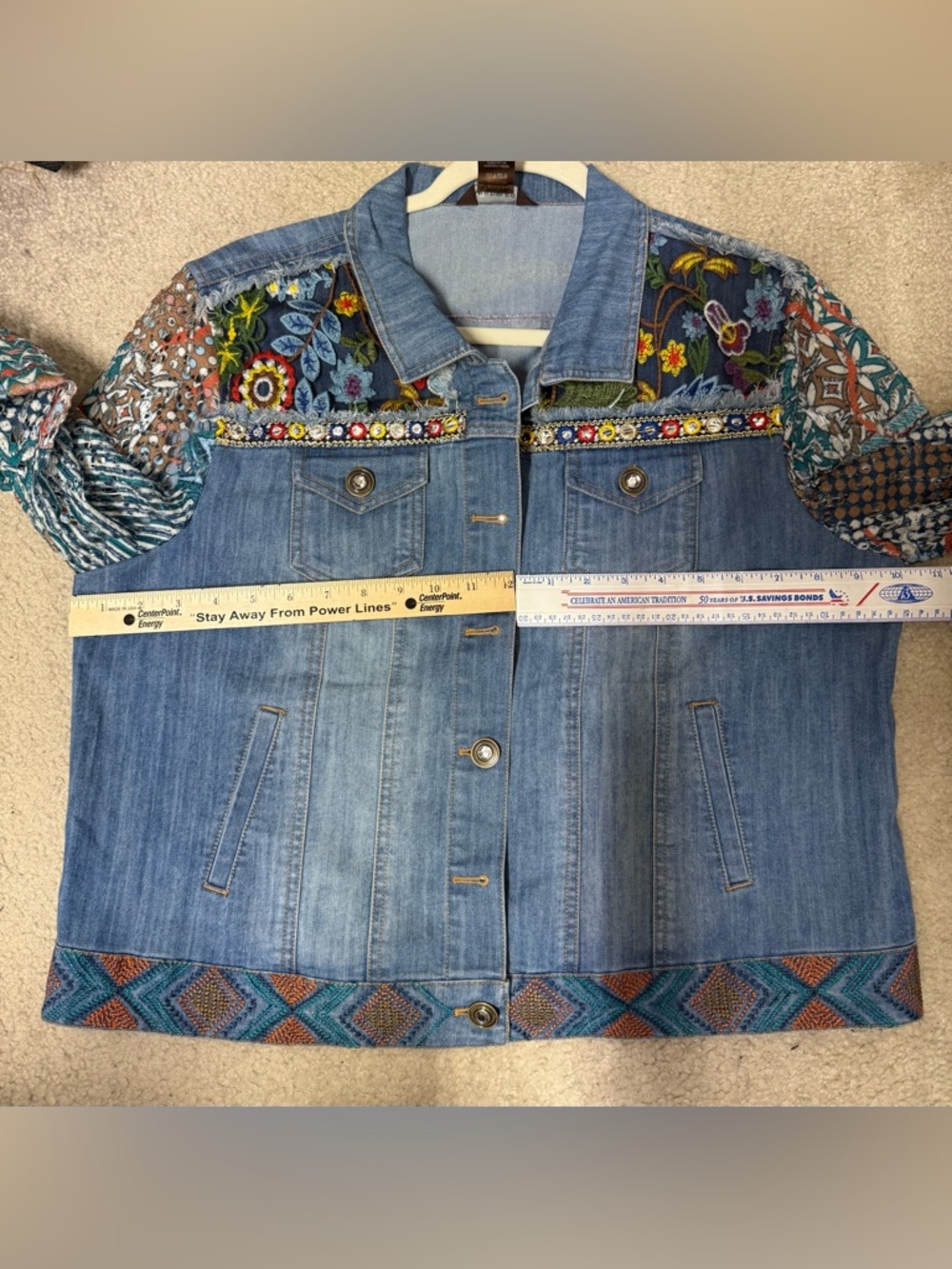 Multiples Blue Denim Jacket with Multicolor Embroidered Sleeves - Picture 10 of 10